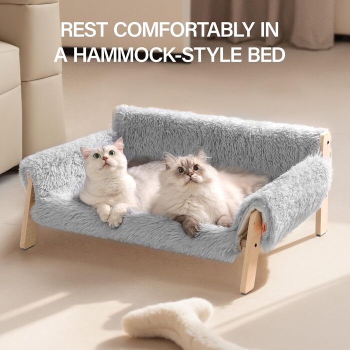 MEWOOFUN Elevated Cat Bed Sofa made of Wood, Sturdy Large Cat Sofa – Fashionable Cat Stool with Removable Mattress Cover, Supports up to 10 kg (70x53cm, Grey)