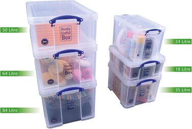 Really Useful Plastic Storage Box, lightweight, robust, stackable, 24 Liters, 290 x 465 x 270 mm, transparent