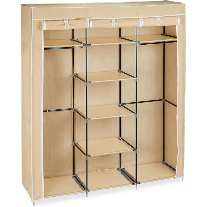 Relaxdays Fabric Clothes Closet, 9 Compartments, 2 Clothes Rails, HBT: 173 x 148 x 43 cm, Camping, Cellar, Folding Closet, Fabric, 10019122-139 (Beige)