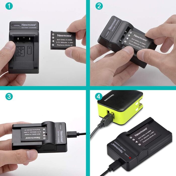 Запасний акумулятор Newmowa EN-EL10 (2 шт.) та портативний USB-зарядний пристрій для Nikon Coolpix S60, S80, S200 та ін.