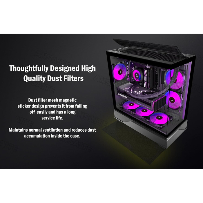 Ігровий корпус для ПК ANSAITE ATX Mid-Tower, 6 ARGB PWM вентиляторів, панорамне загартоване скло, USB Type-C, підтримка радіатора 360мм, чорний/фіолетовий