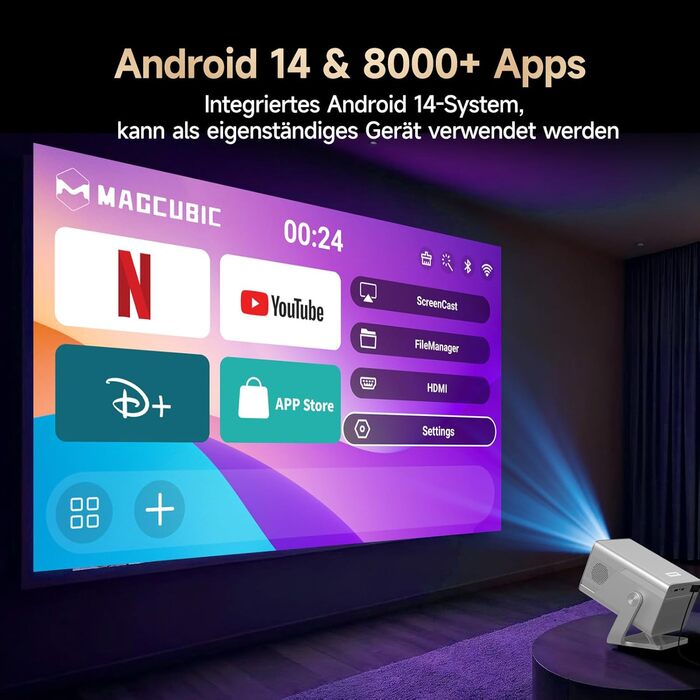 Magcubic Mini Beamer 4K/8K: Портативний проєктор з Android 14, WiFi 6, Bluetooth 5.4, Автофокус, Автоматична корекція трапеції, 180° поворот, 5W динамік, 800ANSI, HY350MAX