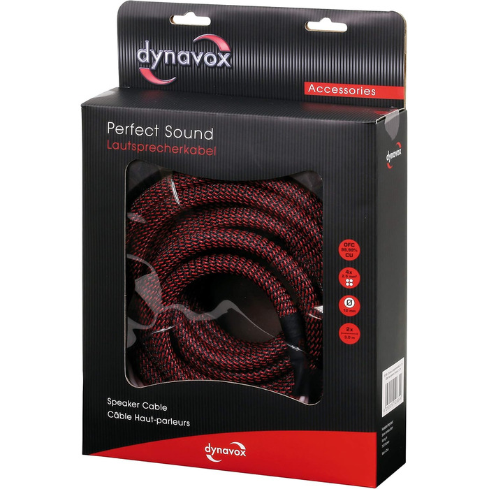 Акустичний кабель Dynavox Perfect Sound High-End з банановими роз'ємами, 2м, чорний/червоний, пара