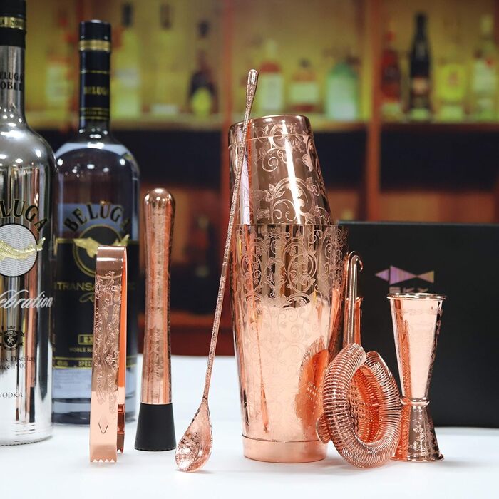 Sky Fish Cocktail Shaker Set, Etched Copper Cocktail Shaker Kit in Gift Box 7-Piece Set, Hand Wash, (Copper)