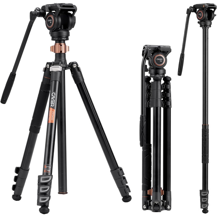 Штатив відео Cayer FP2450 з плинною головкою, 75 дюймів, алюміній, 4 секції, компактний, перетворюється на монопод, для DSLR, до 6 кг