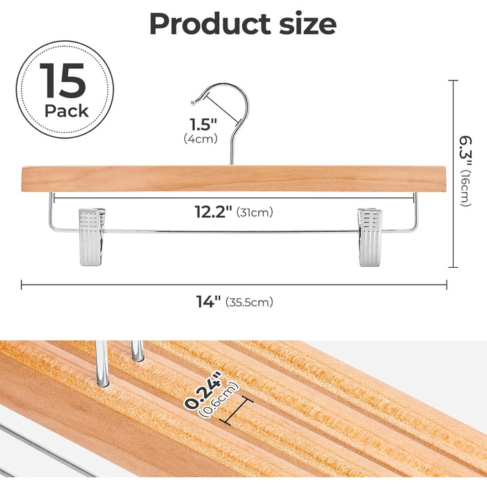 Дерев'яні вішалки для штанів та одягу HOUSE DAY з кліпсами, 25 шт. Вішалки для спідниць, дерев'яні білі вішалки для одягу, компактні вішалки для штанів з обертовим гачком 360°, ширина 35,5 см (натуральне дерево)