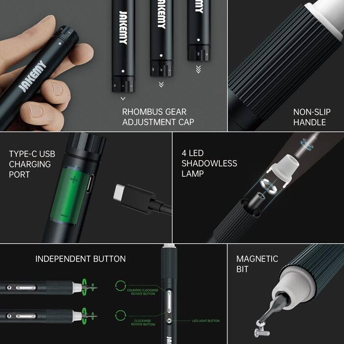JAKEMY Мініатюрний електричний шуруповерт E21-B: набір для дрібної механіки з регулюванням крутного моменту, LED-підсвічуванням та USB-C зарядкою