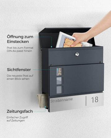 Поштовий ящик SONGMICS з персоналізованим гравіюванням, номерний знак, сучасний антрацитово-сріблястий, з замком та вікном для газет