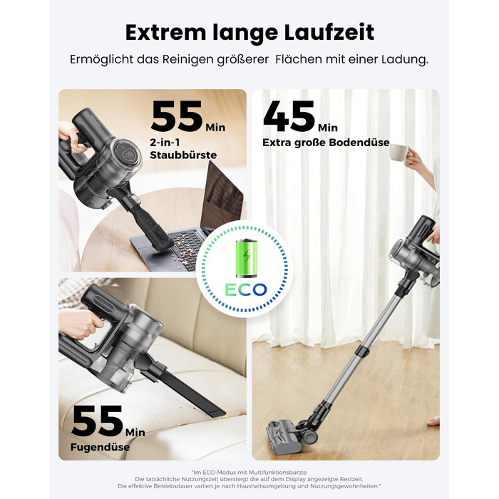 Бездротовий пилосос Proscenic P13: акумуляторний, 45KPa, 550W, 45 хв, з сенсорним екраном, зелене підсвічування, зарядний блок для стіни, анти-намотування, для килимів, твердих поверхонь, автомобіля, шерсті тварин (сірий)