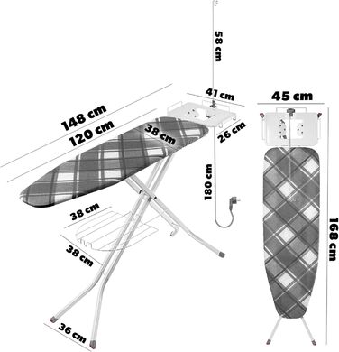 Відкидна гладильна дошка KADAX 120x38 см з парогенератором та розеткою, регульована висота, антиковзні ніжки, полиця для праски (в клітинку)