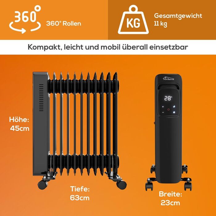 Масляний радіатор Tronitechnik® TT-OR 311 - чорний, 2500 Вт, 11 ребер, 3 режими, термостат, захист від перегріву