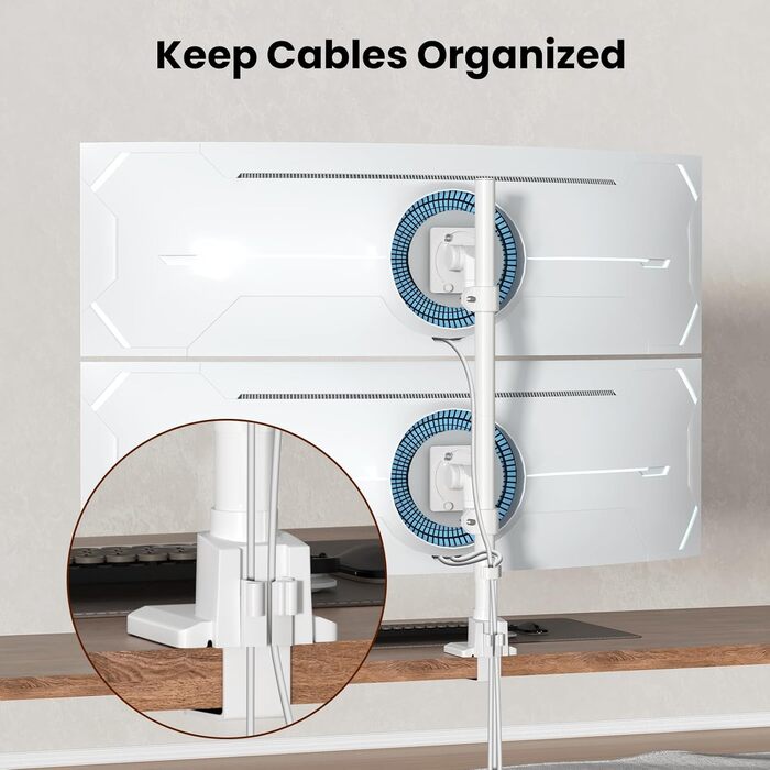 Кріплення для моніторів Halterung - 2 шт. один над одним, для моніторів 24-57 дюймів (плоских та вигнутих), вантажопідйомність 2-27 кг на кріплення, регулювання висоти, 2 варіанти монтажу/VESA 75/100 мм (білий)