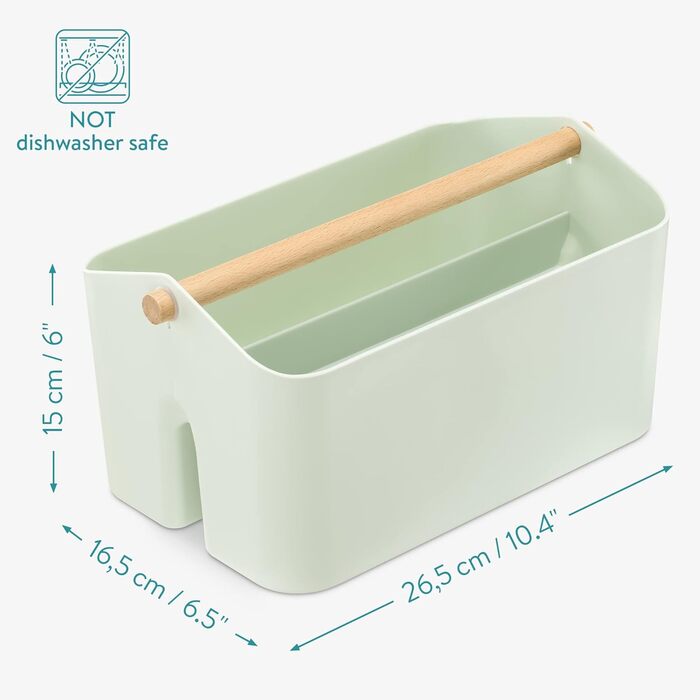 Navaris Storage Box with Wooden Handle - 2 Compartment Box Organizer for Bathroom Kitchen - Basket Storage for Cutlery Cleaning Supplies Portable Small - mint green