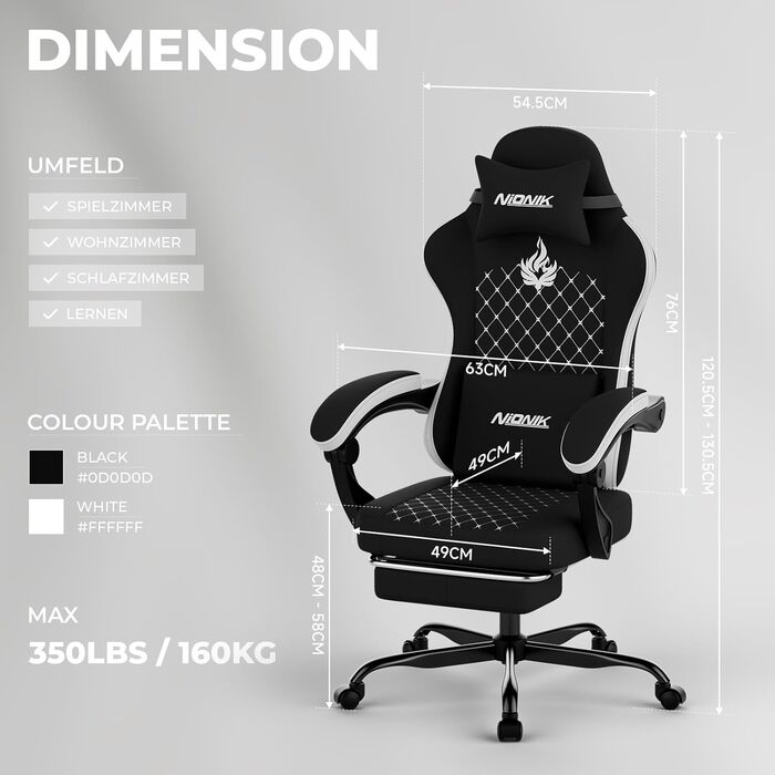 Геймерське крісло Ergonomic з підставкою для ніг та підтримкою спини, регульоване, для дому, офісу, кіберспорту (чорно-біле)