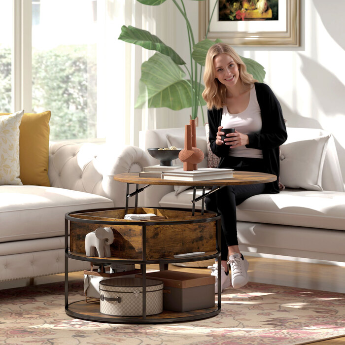 HOMCOM Adjustable Height Round Coffee Table Ø80 cm Living Room Table with Storage Shelf and Hidden Storage Space, Coffee Table Side Table for Living Room, Brown | Aosom