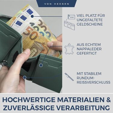 VON HEESEN Leather Wallet with RFID Blocker - Wallet for Women & Men made of Genuine Leather - Wallet with Coin Pocket - Purse for Women and Men in Turquoise (Silver Pine)