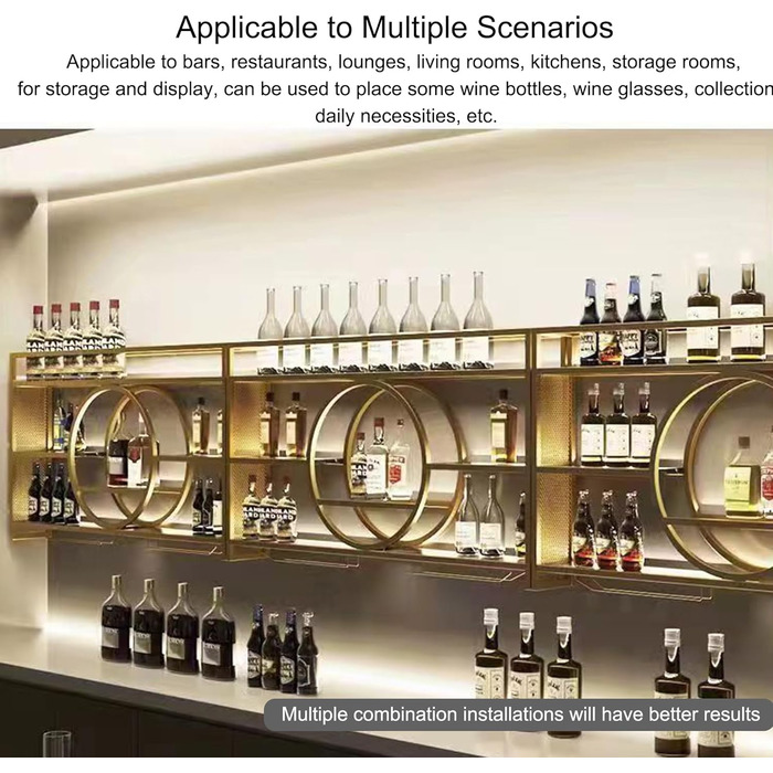 Настінна вітрина для вина з металу, 140 см, з утримувачем для келихів та LED-підсвічуванням, для бару, вітальні, кухні, чорний/золотий