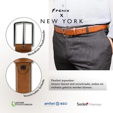 Чоловічий шкіряний ремінь FENIX NEW YORK, 80-125 см, ширина 35 мм, регульований, без нікелю, для костюма та джинсів, Desert Cognac 95