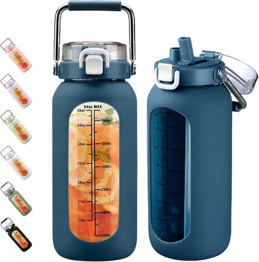 BLUEGO 2000ml Glass Water Bottle with Stainless Steel Handle and Time Marker 2L Motivation Glass Dryer with Silicone Sleeve and Straw for Gym, Office, Outdoors, Sports, BPA-free Water Bottles, Dark Blue