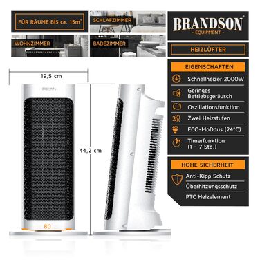 Керамічний обігрівач Brandson з дистанційним керуванням, тихий, для ванної кімнати, 2 режими нагріву, функція осциляції, підвищена безпека, білий, модель 2024