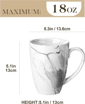 MALACASA Coffee Mug Set of 6, 560ML Porcelain Cups, Large Modern Coffee Mugs with Handles for Tea, Juice, Latte, Cappuccino, Hot Chocolate. Dishwasher and Microwave Safe, REG Marble Gray Series