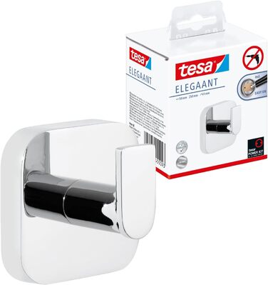 tesa ELEGAANT Towel Hook, Chrome - Bathroom Hook for Wall Mounting without Drilling, including Adhesive Solution - 50 mm x 50 mm x 41 mm