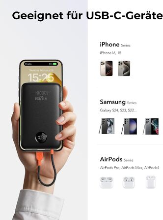 Повербанк VIYISI 10000mAh ультратонкий із вбудованим кабелем USB-C, чорний