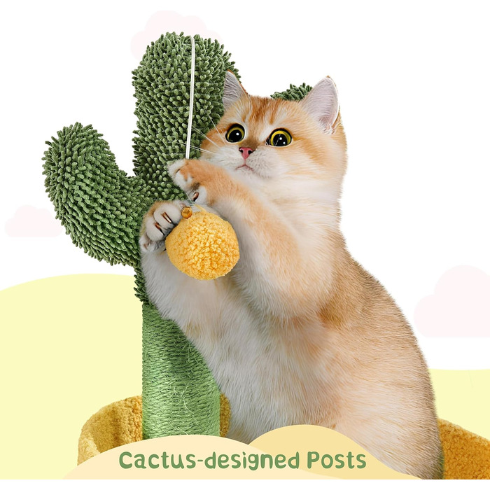 Дерево-кіготь для котів Yaheetech Kaktus, 123 см, оазис-тема, зелено-жовтий, для 2-3 котів, з 2 платформами та 2 печерами