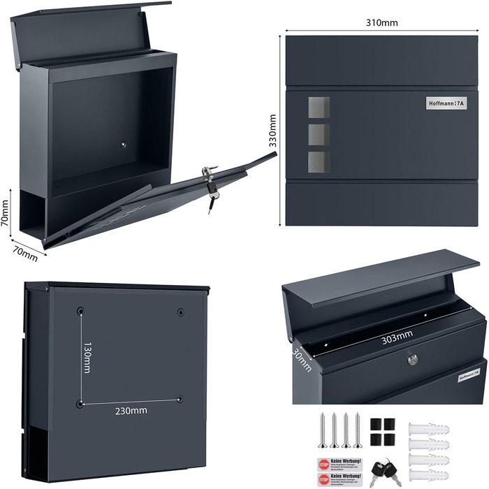 Поштовий ящик Zedelmaier з нержавіючої сталі, персоналізований, настінний, з відділенням для газет, 2 ключі, замок, антрацит 33x31x10 см