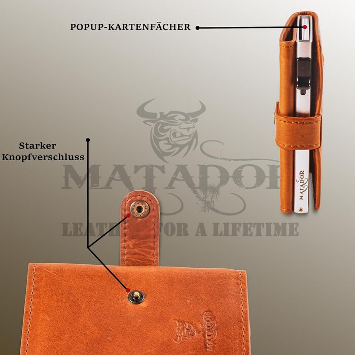 Гаманець Matador Slim Miami без відділення для монет – шкіряний картхолдер з RFID-захистом та POP-UP механізмом, коричневий вінтаж. Міні-портмоне зі шкіри для чоловіків у подарунковій коробці