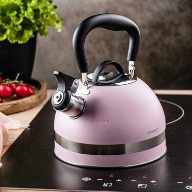 Чайник Kinghoff 1.8L з нержавіючої сталі з свистком, для індукційних плит, рожевий