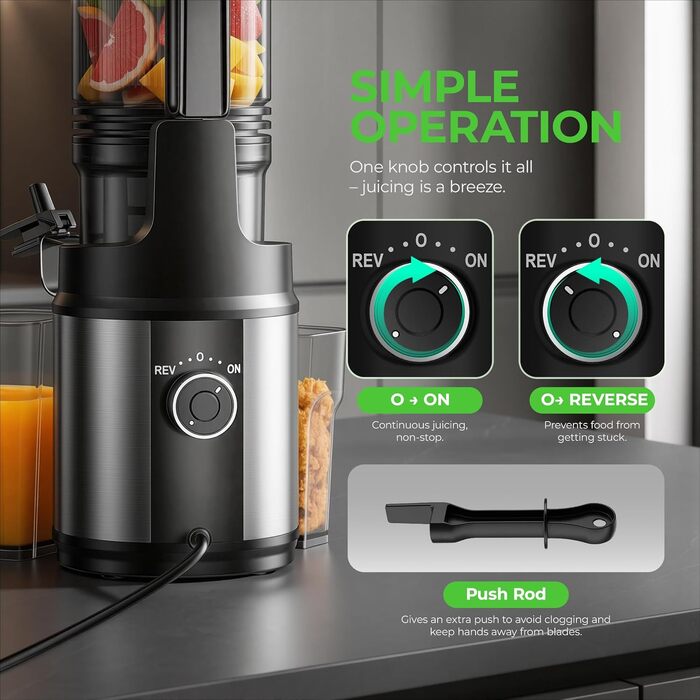 Електрична соковижималка для овочів та фруктів Slow Juicer, шнекова соковижималка для смузі та сорбету, широкий завантажувач 130 мм, 250 Вт, тиха, легка в очищенні, Titanium Gray
