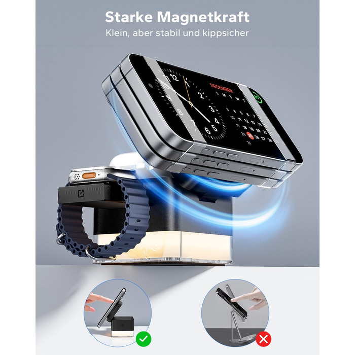 База для зарядки Apple Watch та iPhone KPON Magsafe 3-в-1, сумісна з iPhone 17/16/15/14/13/12/Air/Pro Max, Apple Watch 11/10/9, AirPods (Сірий/Чорний)