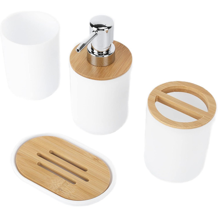 Набір аксесуарів для ванної кімнати на 4 предмети: тримач для зубних щіток, мильниця, дозатор для лосьйону, стакан для ополіскувача, сучасна сантехніка для дому та готелю (білий)
