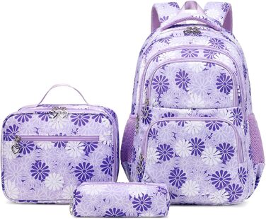 Шкільний рюкзак ZHIERNA для дівчаток-підлітків: комплект з пеналом та ланч-боксом (фіолетовий)