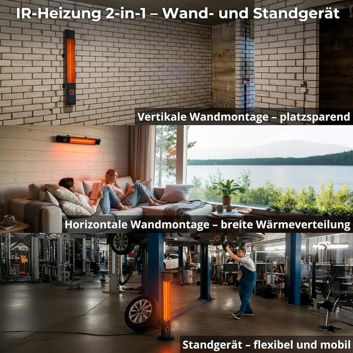 Інфрачервовий обігрівач Climative 2500W – електричний обігрівач з 9 рівнями, IP65 для тераси та приміщення, настінний, з пультом та таймером, чорний