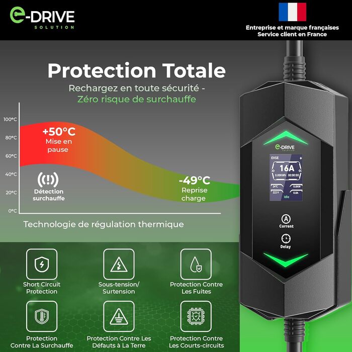 Зарядний пристрій для електромобілів 16A (3.7кВт) E-Drive Solution, 6м, Type 2, LCD, з тримачем, сумісний з Green Up/Skudo