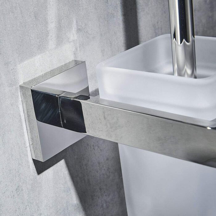 WC brush and holder, wall brush holder, chrome, toilet brush set. Toilet brush set made of 304 stainless steel and frosted glass for bathrooms.