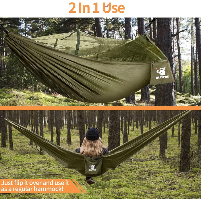 Гамак для відпочинку на природі з москітною сіткою - 260 x 130 см, легкий нейлон, 200 кг, зелений