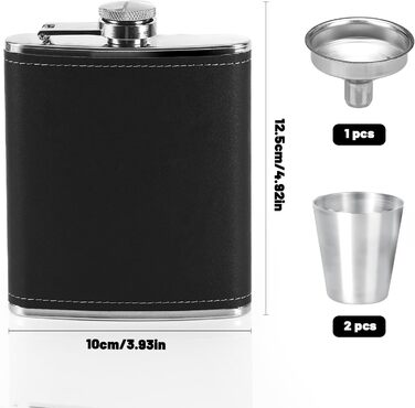 Фляга нержавіюча Kasanni 8oz/230 мл, з келихами та воронкою, чорна шкіряна, для піших прогулянок