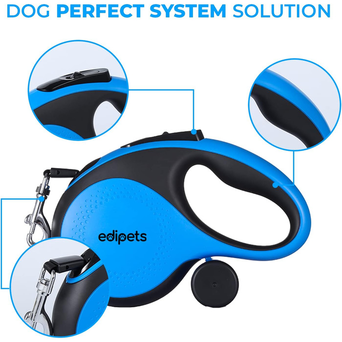 Edipets Висувна/Звичайна повідка для собак, 5 м, 8 м, гнучка, для тренувань та прогулянок, для малих, середніх та великих собак (Блакитний, 5 метрів)