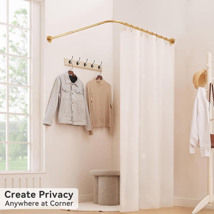 Штанга для душу L-подібної форми, регульована, з кріпленням для гардини та опорою для верхньої частини, для ванни/ванної кімнати, монтаж на свердління (Золото, 100-175см x 140-214см)