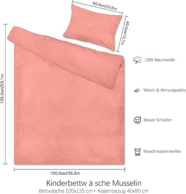 Набір постільної білизни для ліжечка Hook з мусліну 100% бавовни (100x135 см) – дихаючий та м'який, ручної роботи | Комплект постільної білизни для малюків з наволочкою 40x60 см (Рожевий, 135 x 100 см)