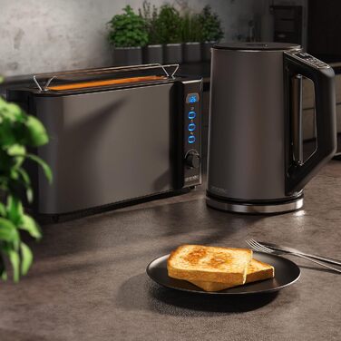 Arendo Kettle and Toaster SET Stainless Steel Cool Grey, Kettle 1.5L 40°-100°C Keep Warm Function, Toaster 2 Slice LED Display 6 Browning Levels, Bread Tray, A: Cool Grey