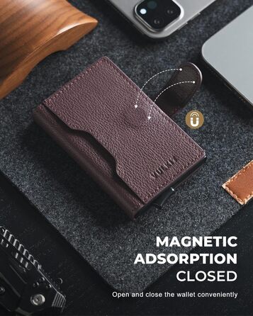 Чоловіче картхолдер VULKIT з RFID блокуванням, з металевою конструкцією, 3 відділення для кредитних карт та віконцем для посвідчення, компактний гаманець з магнітною застібкою, червоне шкіряне покриття (справжня шкіра Litchi Espresso)