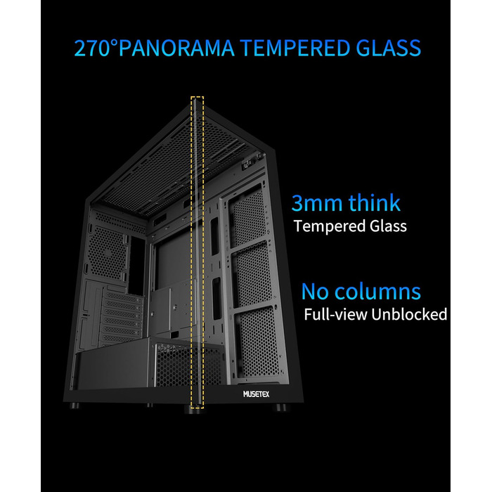 Корпус ПК MUSETEX K2: Mid Tower ATX з 7 PWM ARGB вентиляторами, подвійне панорамне скло, Type-C, чорний (42,5 x 21,2 x 47 см)