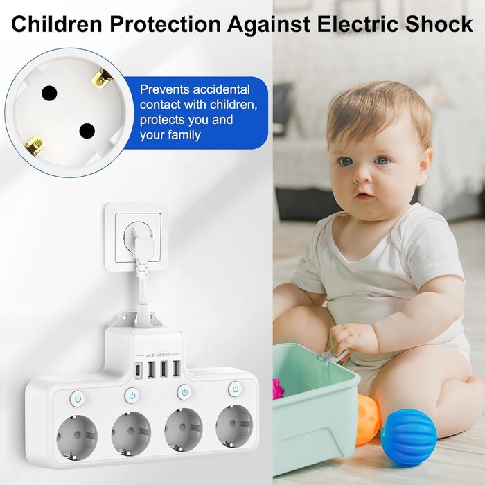 Мережевий фільтр з USB, 4 розетки з індивідуальним вимикачем, 3 USB та 1 Type-C (5V 3.4A) для кухні, вітальні, спальні, офісу