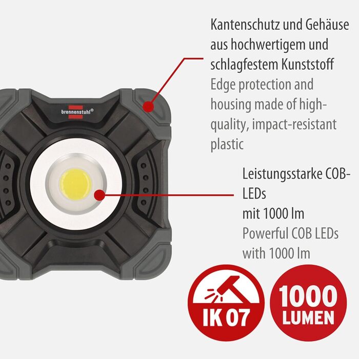 Акумуляторний LED прожектор Brennenstuhl SH 1000 MAC 1000 лм, IP54, з магнітом і карабіном, робочий ліхтар, ударостійкий корпус