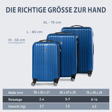 Набір валіз FERGÉ Toulouse 3 шт. з жорстким корпусом: S, M, L - ручна поклажа 55 см, L, XL - 100% ABS, Royal Blue