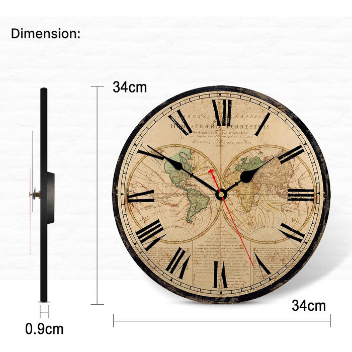 TAHEAT World Map Wall Clock, Large Classic Wooden Clock, Silent Non-Ticking Easy to Read for Home/Office/School, 34 cm
